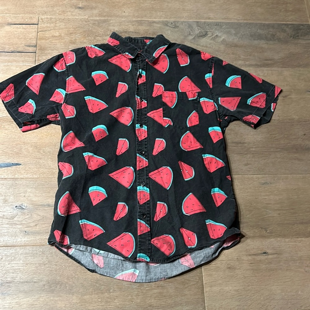 Casual Short-Sleeve Watermelon Print Button-Down Shirt - Black/Red